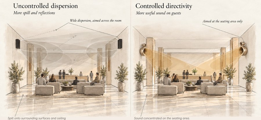 Architectural illustration comparing broad sound spill with deliberately aimed coverage.