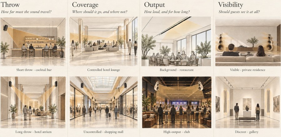 Throw, coverage, output and visibility, illustrated in the Architect’s Guide.