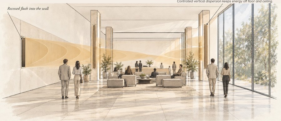 Architectural illustration of a lounge with a wall-integrated column loudspeaker.