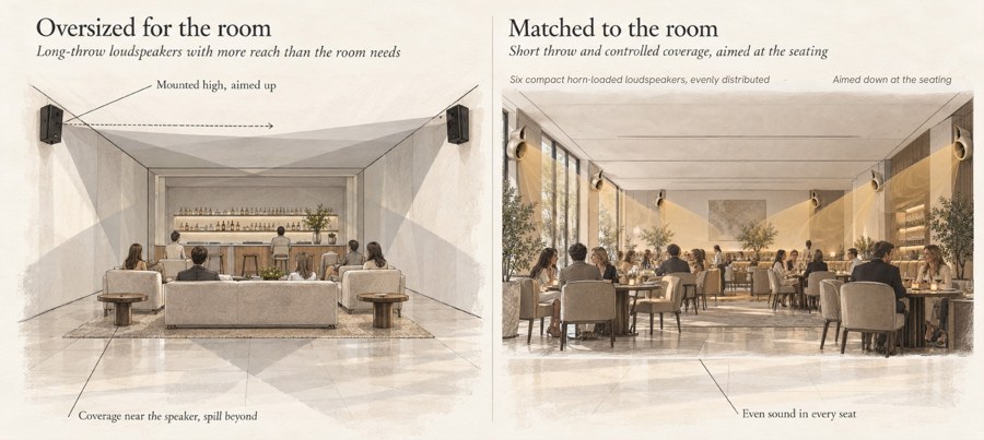 Illustrated comparison of a small hospitality room with different loudspeaker placement approaches.