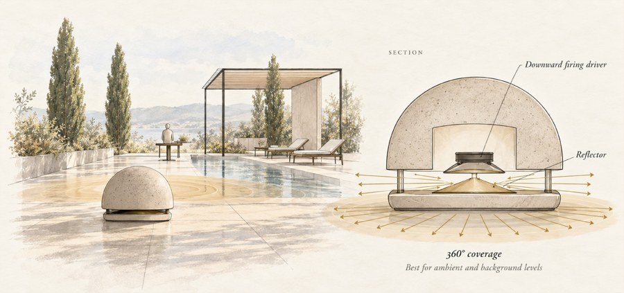 Illustration of an outdoor sculptural speaker and a conceptual internal section.