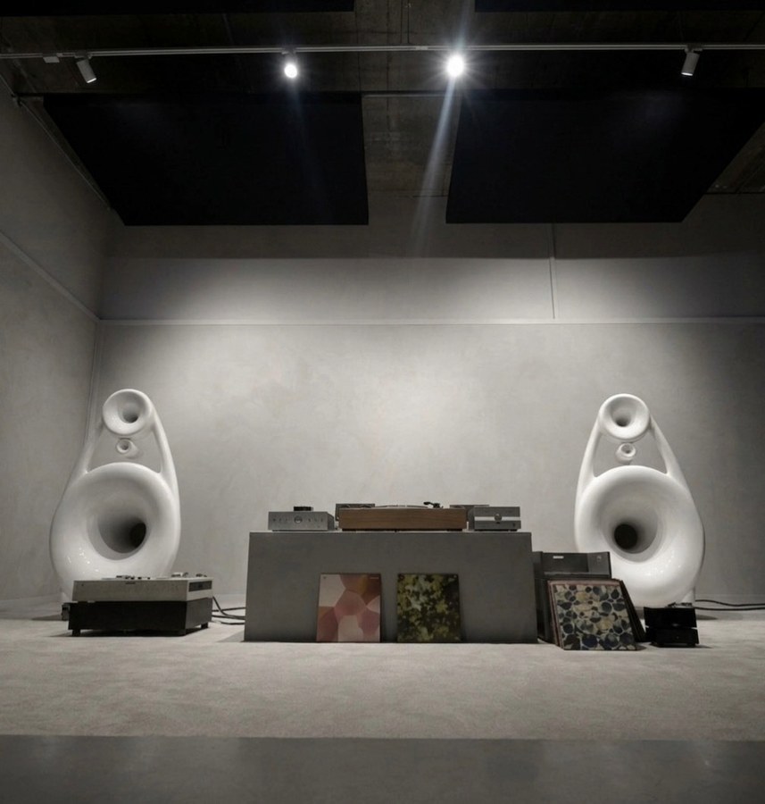 Listening-room interior with a pair of large white sculptural horn-shaped loudspeakers.